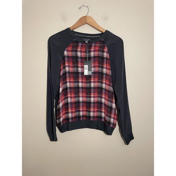 PJK Patterson J Kincaid Revolve Plaid Silk Top Women’s XS‎ Long Sleeve Crew Neck - Picture 2 of 8